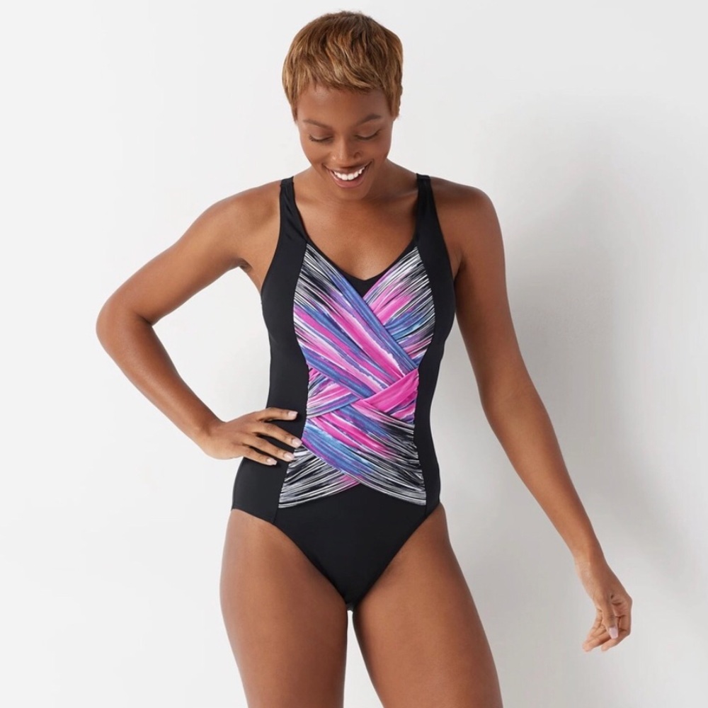 Denim & Co. Beach Criss Cross One Piece, Black, Size 10
